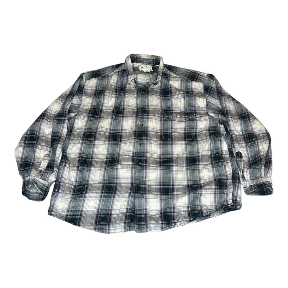 Vintage Eddie Bauer Mens XL Plaid Flannel Shirt Blue White Long Sleeve Button
